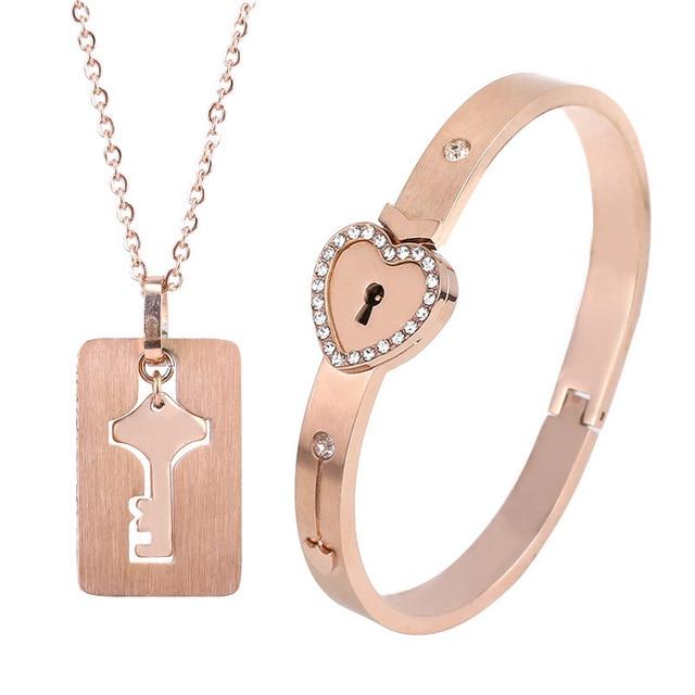 Heart Lock Bracelet & Key Necklace Set