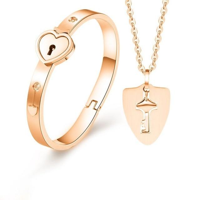 Heart Lock Bracelet & Key Necklace Set